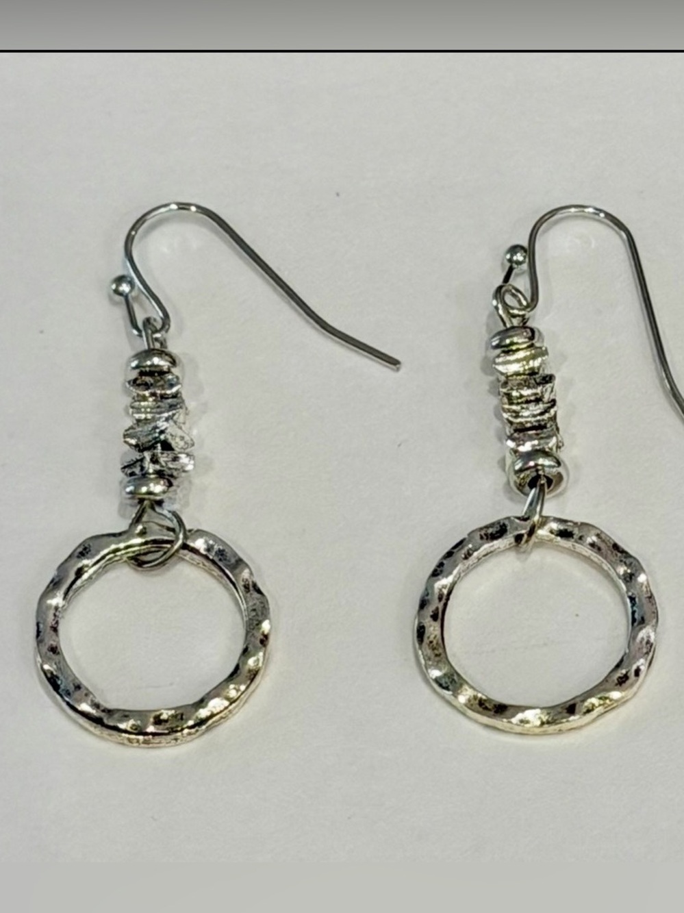 Silvertone Dangle Hammered Circle Earrings 1”  With Beads Fishhooks NEW Silver